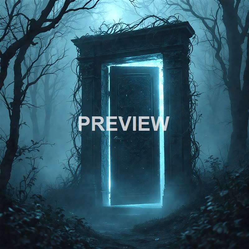 An ancient, ornate stone door standing open in the middle of a foggy, dark forest with leafless trees, emitting a mysterious blue light.